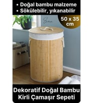 Premium Yuvarlak Bambu Kirli Çamaşır Sepeti Dekoratif Katlanabilir Yıkanabilir Geniş Hacim Hazneli