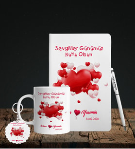 Sevgililer Gününe Özel Defter Kalem Kupa & Süblimasyon Anahtarlık Hediye Seti 31