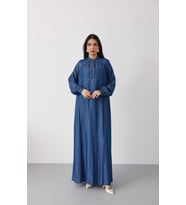 6665-Büzgülü Patlı Elbise Koyu Mavi