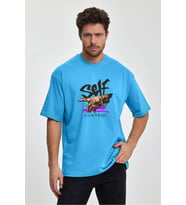 Erkek Oversize %100 Pamuk Self Control Baskılı T-shirt Mavi Edw042