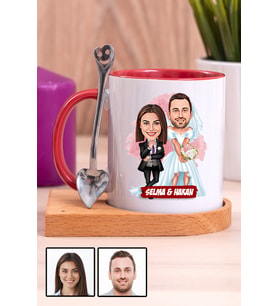 Çiftlere Özel Komik Hediye Gelin Damat Karikatürlü Ahşap Altlıklı Kırmızı Kupa Bardak