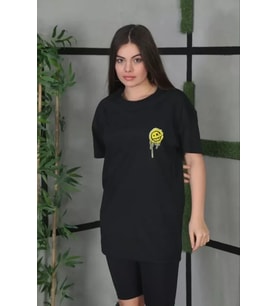 Unisex Bisiklet Yaka Baskılı Oversize T-Shirt - Siyah