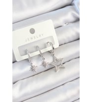 Pirinç Zirkon Taşlı Yıldız Model Gümüş Renk 3'lü Çift Kadın Küpe Set (Çok Renkli)