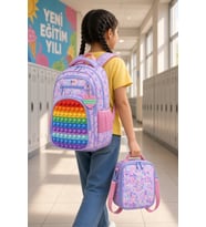 İlkokul Okul Çantası Dondurma Popitli 3 Gözlü Çocuk Beslenme Çantalı 2'li Set 40x26x10cm