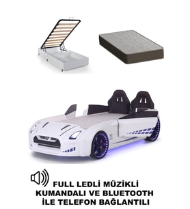 Beyaz Arabalı Yatak Kapıları Açılan GTR Full Ledli Kumandalı ve Müzikli + Baza+Ortopedik Yatak