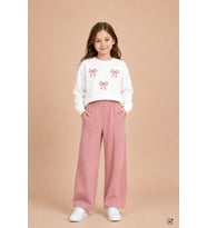 Bordo Kız Çocuk Fiyonk Desenli Sweatshirt Geniş Paça Eşofman Takımı 24828