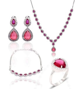 Yakut Taşlı Damla Model 925 Ayar Gümüş Kadın Dörtlü Set 201025664