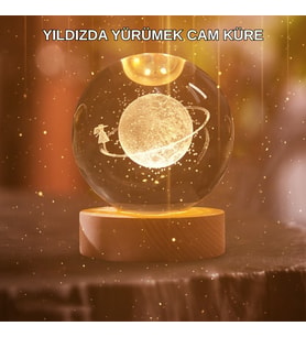 Kız Figürlü Sarı Cam Küre LED'li Büyük Boy Ahşap Standlı Dekor
