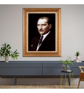 Altın Varaklı Çerçeveli Paspartulu Atatürk Tablo DC1099 (Gold)