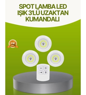 Uzaktan Kumandalı 3 Lü Kablosuz Led Spot Lamba Seti Yapışkanlı Pratik Kullanım