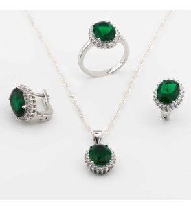 925 Ayar Gümüş Yeşil  Zirkon Taşlı Yuvarlak model Bayan Set