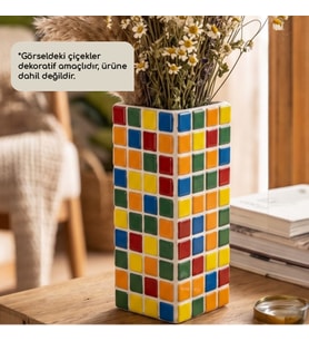 Büyük Boy El Yapımı Mozaik Seramik Vazo – Renkli Geometrik Desenli Vazo