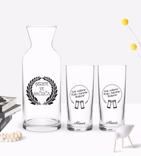 BK Gift Kişiye Özel Renkli Baskılı Rakı Seninle Ballanır Tasarımlı İkili Rakı Bardağı ve Karaf Hediye Seti-1 (Model 1)