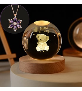 Kişiye Özel Işıklı Ahşap Kaideli Ayıcık 3D Cam Küre Ve Lotus Çiçeği Kolye (Mavi)