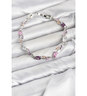 Pirinç Gümüş Renk Pembe ve Mor Zirkon Taşlı Çiçek Model Kadın Bileklik TJ-BB8586