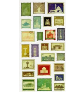 Vintage Sticker Pul Retro Style Kabartmalı Stiker Çıkartma Etiket 9x17 cm - Tarihi Mekanlar Cami Kilise Pul Mektup