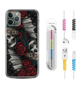Apple iPhone 11 12 13 14 Pro Max Kılıf Kablo Koruma Spiral Silikon Skull Rose 1673