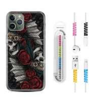 Apple iPhone 11 12 13 14 Pro Max Kılıf Kablo Koruma Spiral Silikon Skull Rose 1673