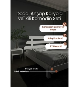 Lotus X Model Masif Ahşap Karyola ve 2 Adet Komodin Kolay Kurulum Fırınlanmış İthal Sibirya Çamı 90x190 Yatak Uyumlu 2 Adet Komodin