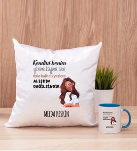 Kişiye Özel Alışıkın Değilsindir Tasarım Esprili Kare Yastık ve Mavi Kupa