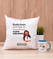 Kişiye Özel Alışıkın Değilsindir Tasarım Esprili Kare Yastık ve Mavi Kupa