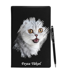 Kişiye Özel Kedi Tasarımlı Siyah Defter Kalem Hediye Seti