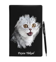 Kişiye Özel Kedi Tasarımlı Siyah Defter Kalem Hediye Seti