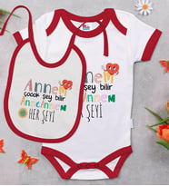 BK Kids Annem Çok Şey Bilir Tasarımlı Kırmızı Bebek Body Zıbın ve Mama Önlüğü Hediye Seti-1