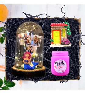 Kişiye Özel 3 Fotoğraflı Denizkızı Fanus (Işıklı), Kokulu Pembe Mum ve Magnet 
