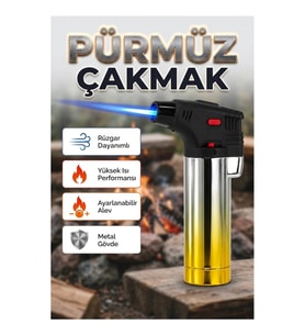 Ayarlanabilir Jet Alevli Metal Pürmüz Çakmak – Emniyet Kilitli ve Rüzgara Dayanıklı