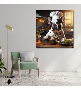Kare Kanvas Mutfak Tablosu Aşçı Hayvanlar Siyah French Bulldog