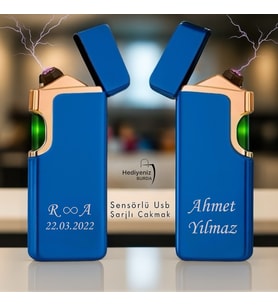 6 Renk Seçeneğiyle Sensörlü Lüks Usb Şarjlı Çakmak Çift Yön Baskı Seçeneği - Kişiye Özel Tasarım (Mavi)
