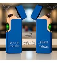 6 Renk Seçeneğiyle Sensörlü Lüks Usb Şarjlı Çakmak Çift Yön Baskı Seçeneği - Kişiye Özel Tasarım (Mavi)