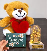 Kalpli Sevimli Peluş Ayıcık ve Size Özel Led Işıklı Fanus Şans Melekli