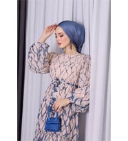 Neşeli butik kadın şifon eteği fırfırlı desenli tesettür elbise SMS008