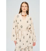 Kadın Pul Payet Yaprak İşlemeli Kuşaklı Kimono