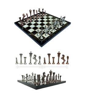 MC54 - Metal Satranç Takımı - 25cm Mermer Desenli Satranç Tahtası - Sertifikalı Antik Metal Taşlar (Siyah)