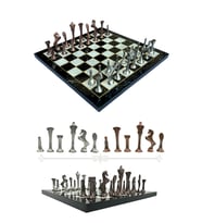 MC54 - Metal Satranç Takımı - 25cm Mermer Desenli Satranç Tahtası - Sertifikalı Antik Metal Taşlar (Siyah)