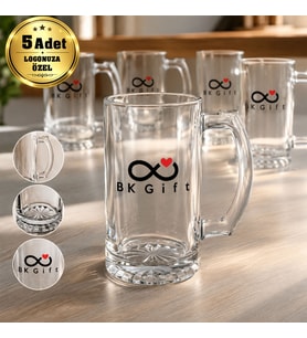 Logonuza Özel 5 Adet 500 ml Şeffaf Cam Bira Bardağı Kurumsal Hediye ve Promosyon Seti