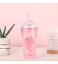 Balina Işıklı ve Pipetli Bardak, 450 ml, Buzlu ve Kapaklı, Pembe, 20x8 (Pembe)
