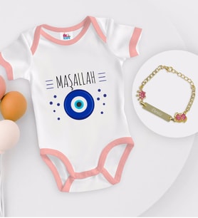 BK Kids Kişiye Özel Maşallah Tasarımlı Pembe Bebek Body Zıbın ve Kız Bebek Künyesi Hediye Seti-1