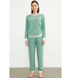 Çizgili Sıfır Yaka Pijama Takım - Yeşil