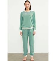 Çizgili Sıfır Yaka Pijama Takım - Yeşil