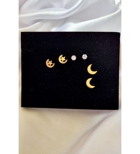 3'lü Ayyıldız Ay Tektaş Küpe Set