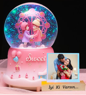 Kişiye Özel Fotoğraflı Pembe Dönme Dolap Romantik Aşıklar Işıklı Müzikli Kar Küresi
