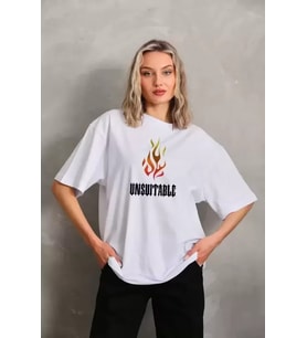 Unisex Bisiklet Yaka Baskılı Oversize T-Shirt - Beyaz