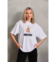 Unisex Bisiklet Yaka Baskılı Oversize T-Shirt - Beyaz