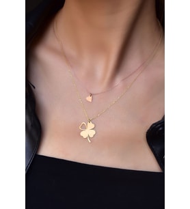 925 Ayar Gümüş Gold-rose Kaplama Kesim Yonca Ve Kalp Asansörlü Kolye