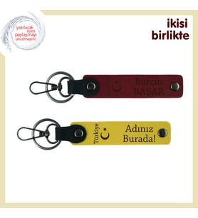 Eşe Verilebilecek Anlamlı Hatıra – Ayyıldız ve Türkiye ve İsimli 2’li Deri Anahtarlık, Bordo-Sarı