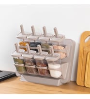 8'li Standlı Baharatlık Seti, Tezgah Üstü ve Duvara Monte, Kilitli Kapak, Şeffaf Kavanozlar, BPA İçermez, Modern Minimalist, Bej/Gri
